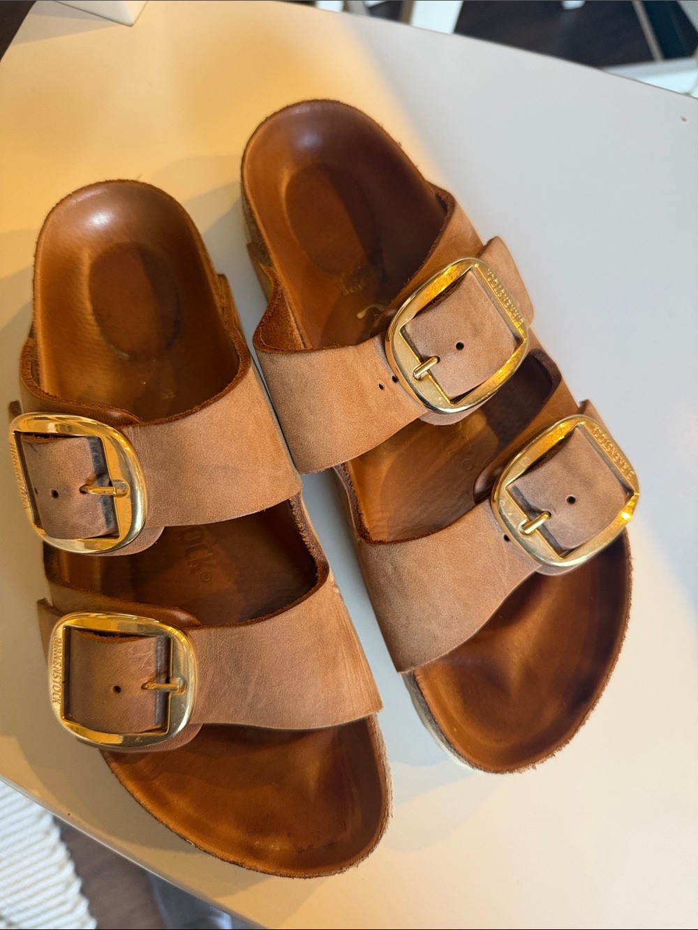 Womens Birkenstock Double-Buckle Brown Leather Sandals with Gold Buckles